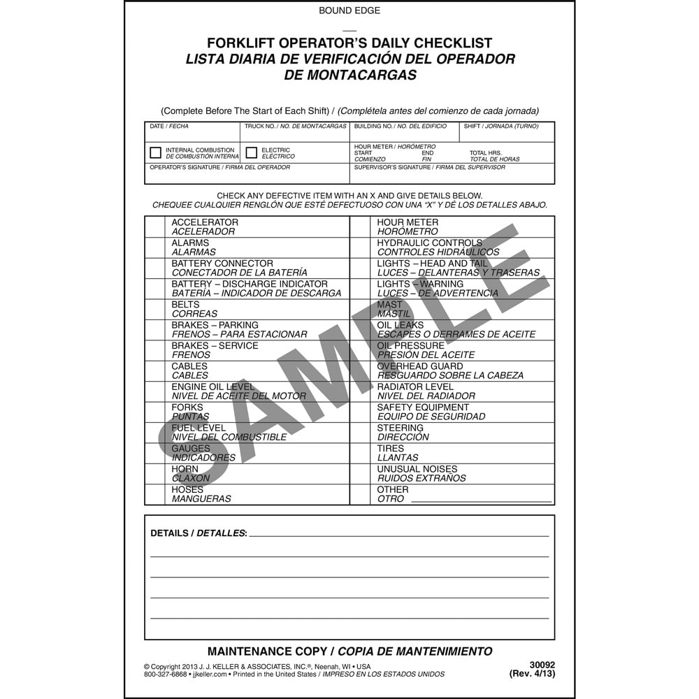 Forklift Operator S Daily Checklist Bilingual Stock Qty 25 Units American Pride