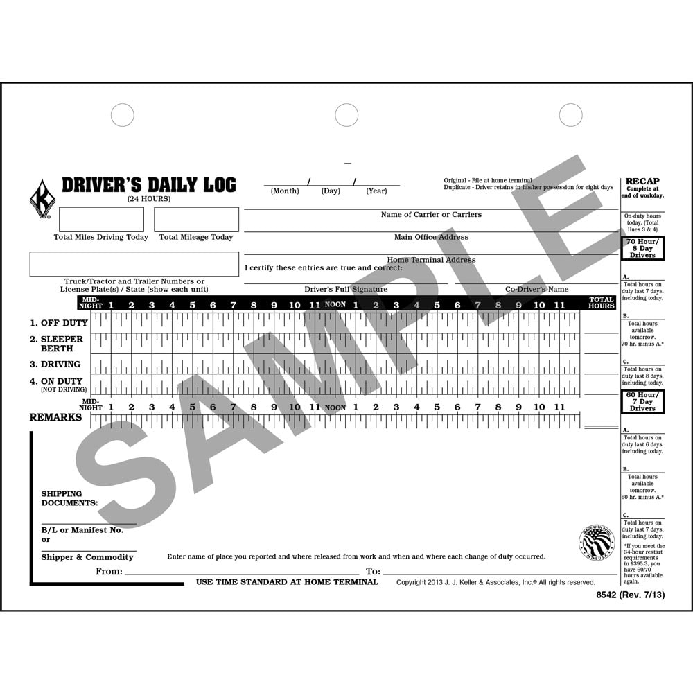 Driver's Daily Log Book w/Detailed DVIR, 70-Hour/8-Day Recap - Stock (Qty:  10 Units)