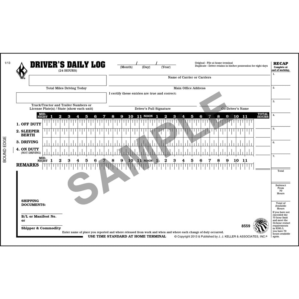 Driver's Daily Log Book w/Detailed DVIR, 70-Hour/8-Day Recap - Stock (Qty:  10 Units)