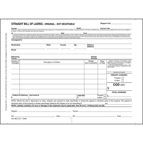 Straight Bill of Lading – Short Form – Continuous, 3-ply, carbonless, 9