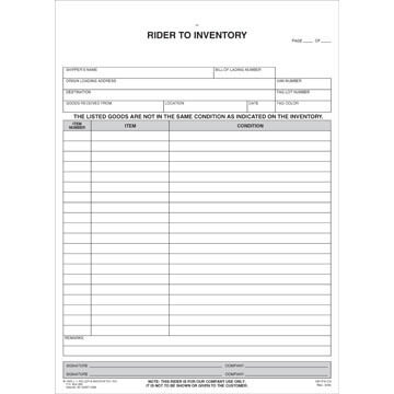 Household Goods Form – Rider to Inventory – Rider to Inventory (Part