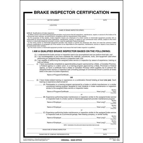 Brake Inspector Certification Form – 2-ply, carbon, 8 1/2″ x 11″ (Part