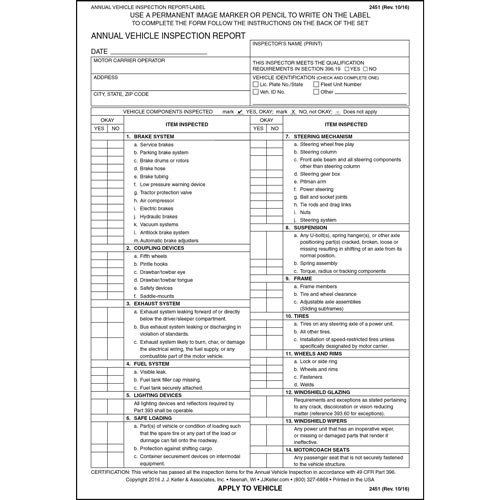 Annual Vehicle Inspection Report Label 3ply, carbon, 53/4″ x 81/4